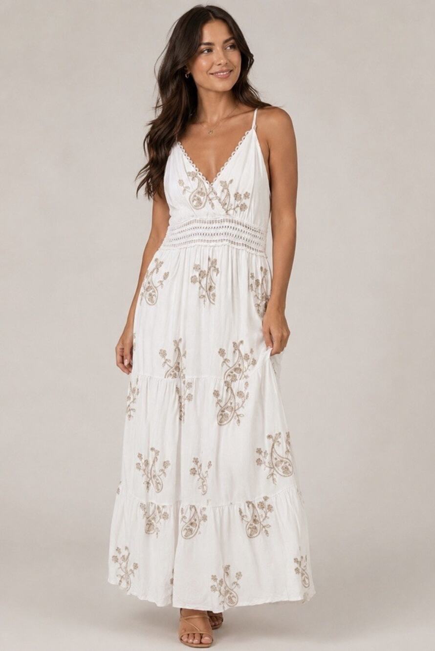 Mirlovel Embroidered White Maxi Dress Sz L Crochet Boho Coastal Cottagecore